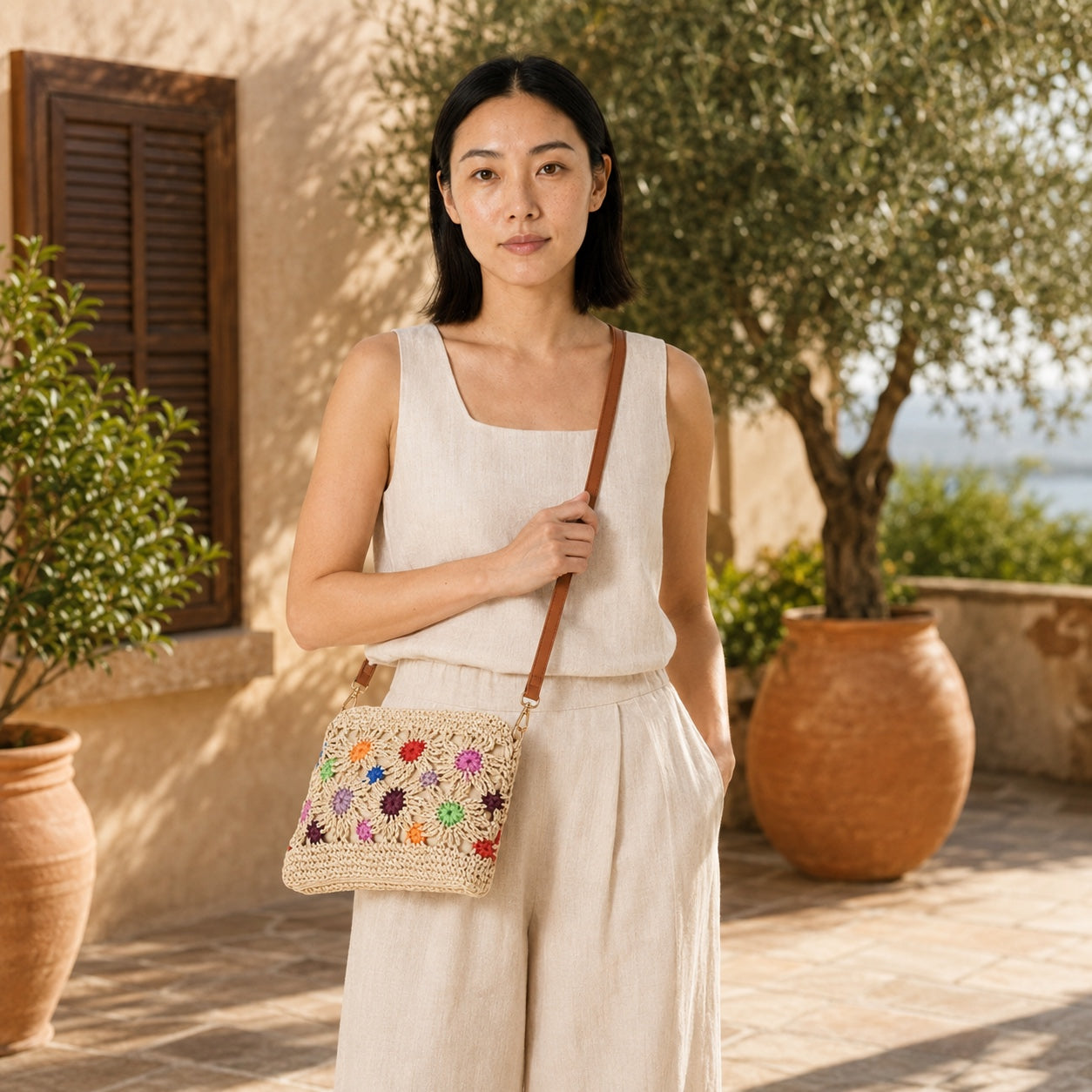 Model carrying the Otranto - Straw Crossbody Bag