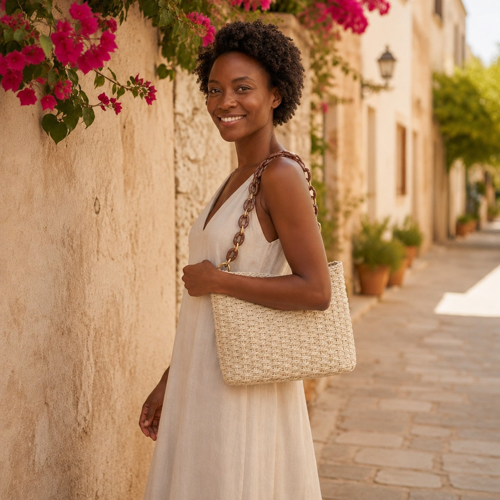 Model wearing the Paxos - Straw Beach Tote, side view