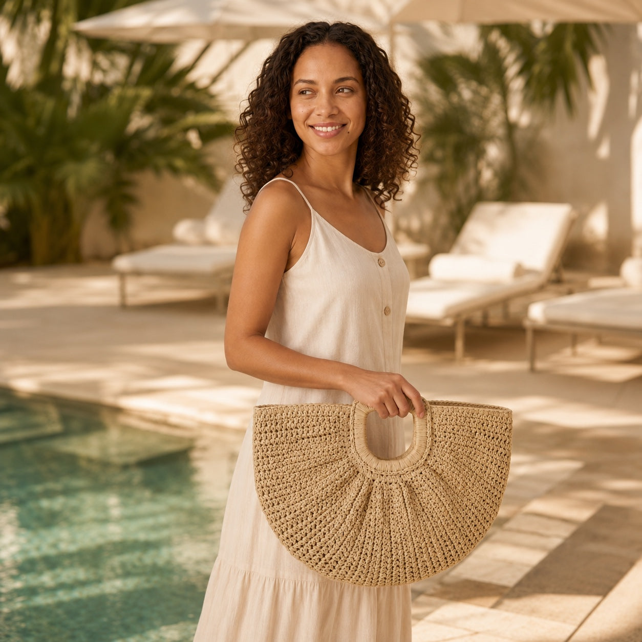 Model wearing the Polignano - Woven Beach Bag, side view