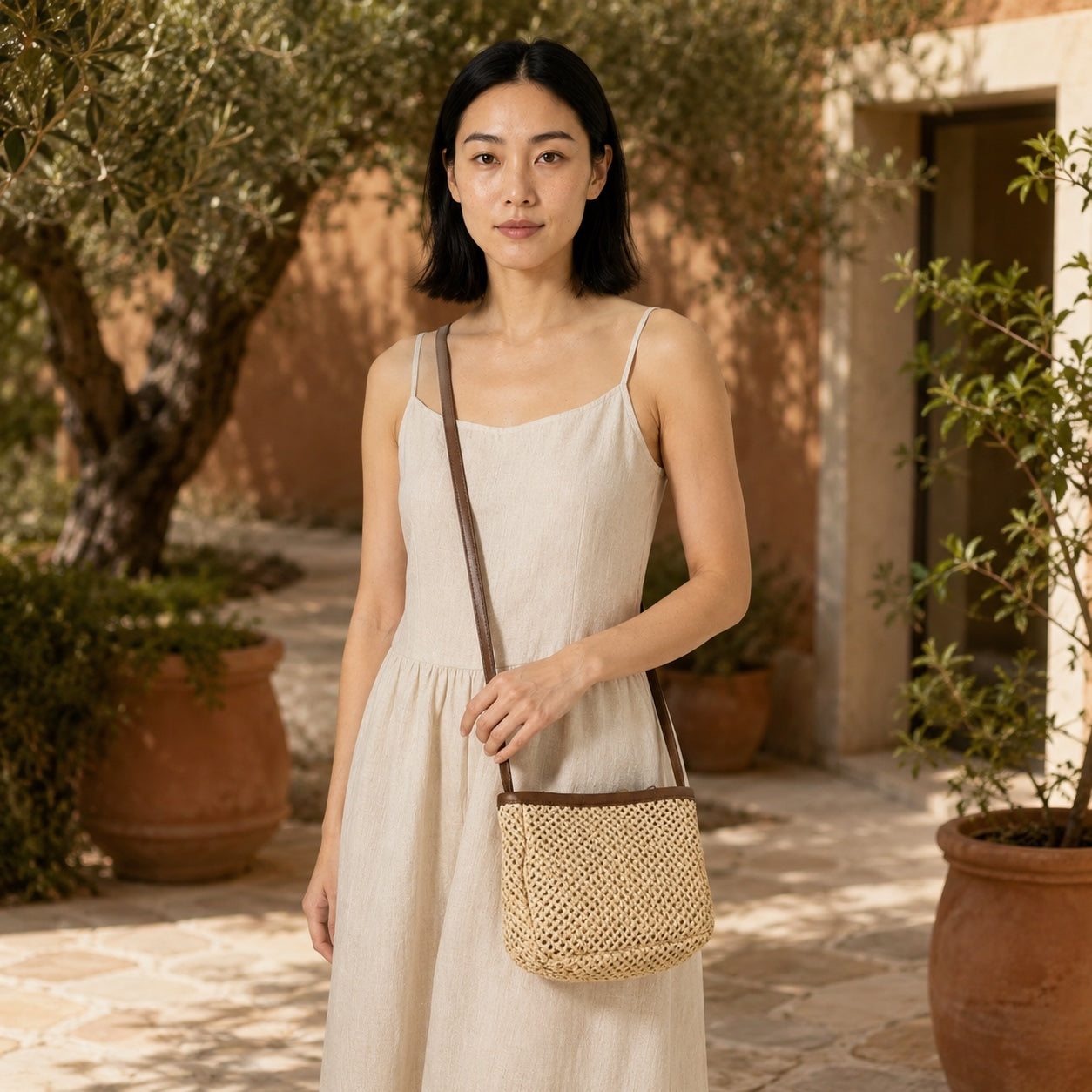 Model carrying the Portinatx - Straw Crossbody Bag in Only Bag