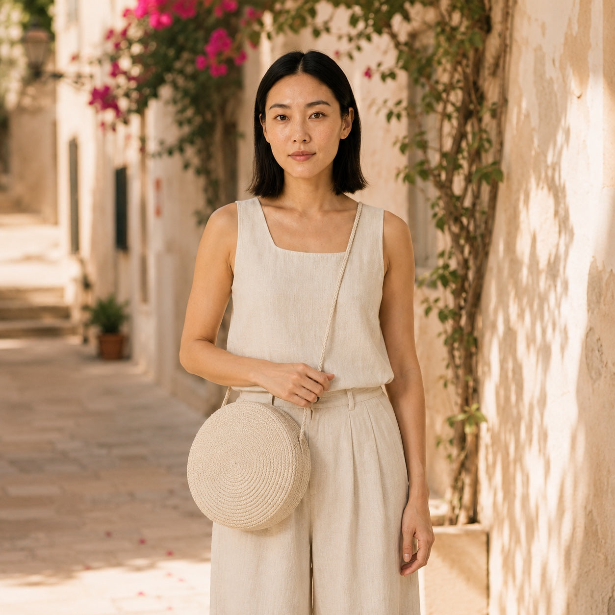 Model carrying the Portovesme - Straw Crossbody Bag