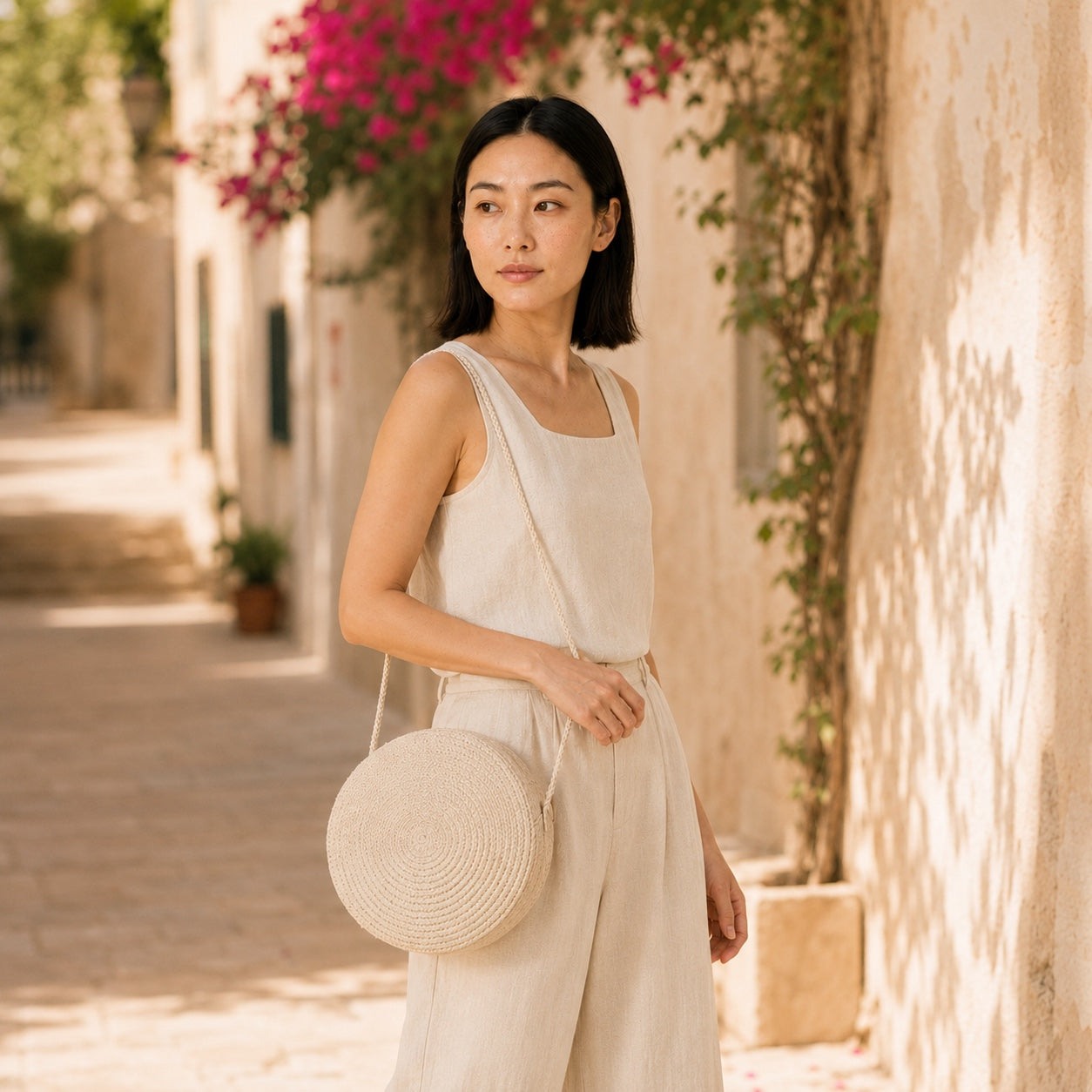 Model wearing the Portovesme - Straw Crossbody Bag, side view