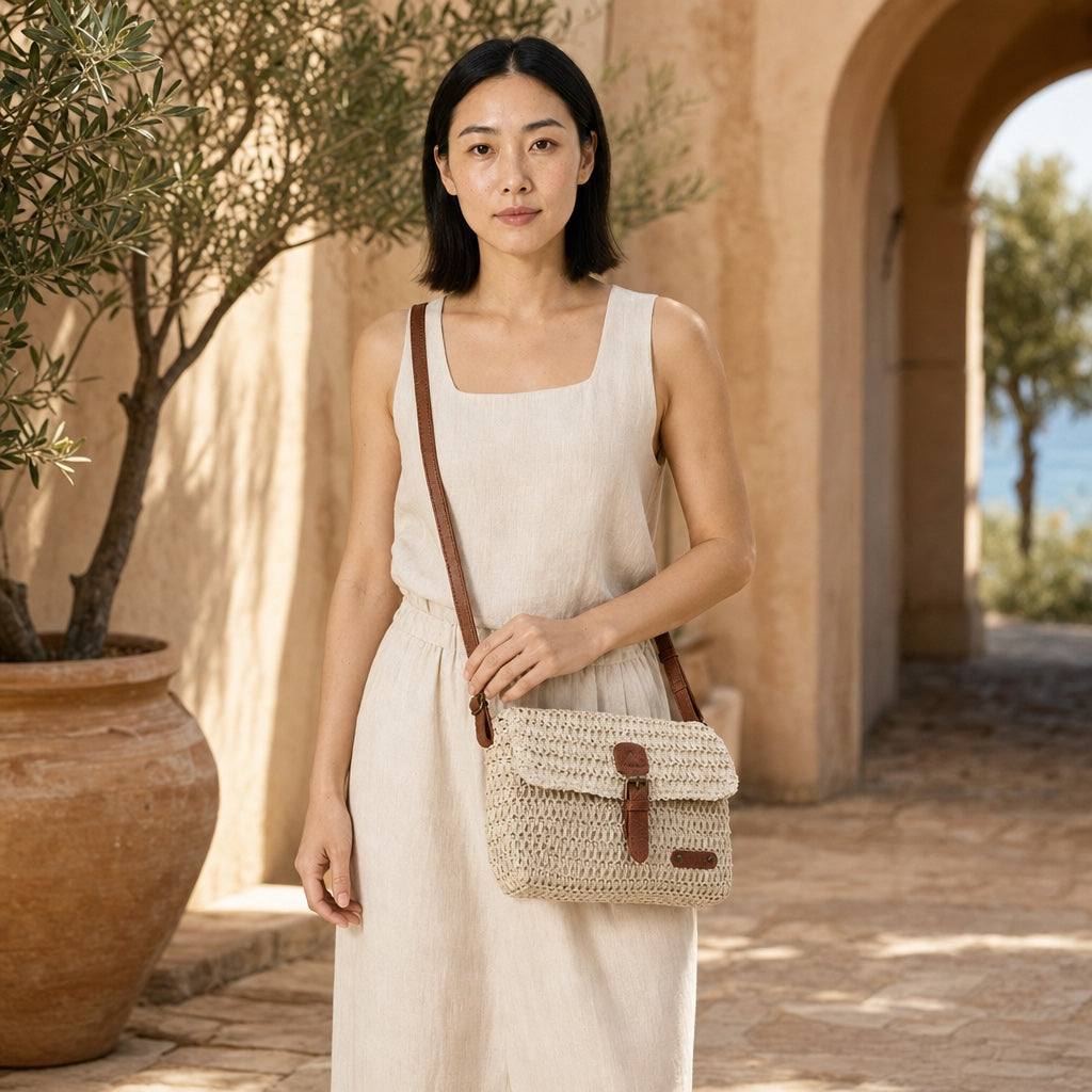 Model carrying the Primosten - Straw Crossbody Bag