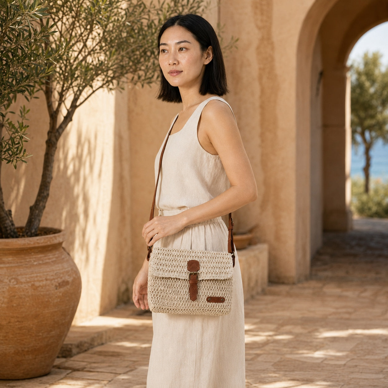 Model wearing the Primosten - Straw Crossbody Bag, side view