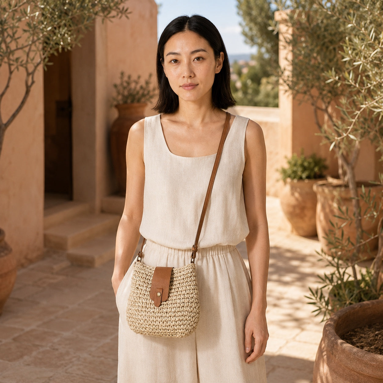 Model carrying the Pula - Straw Crossbody Bag