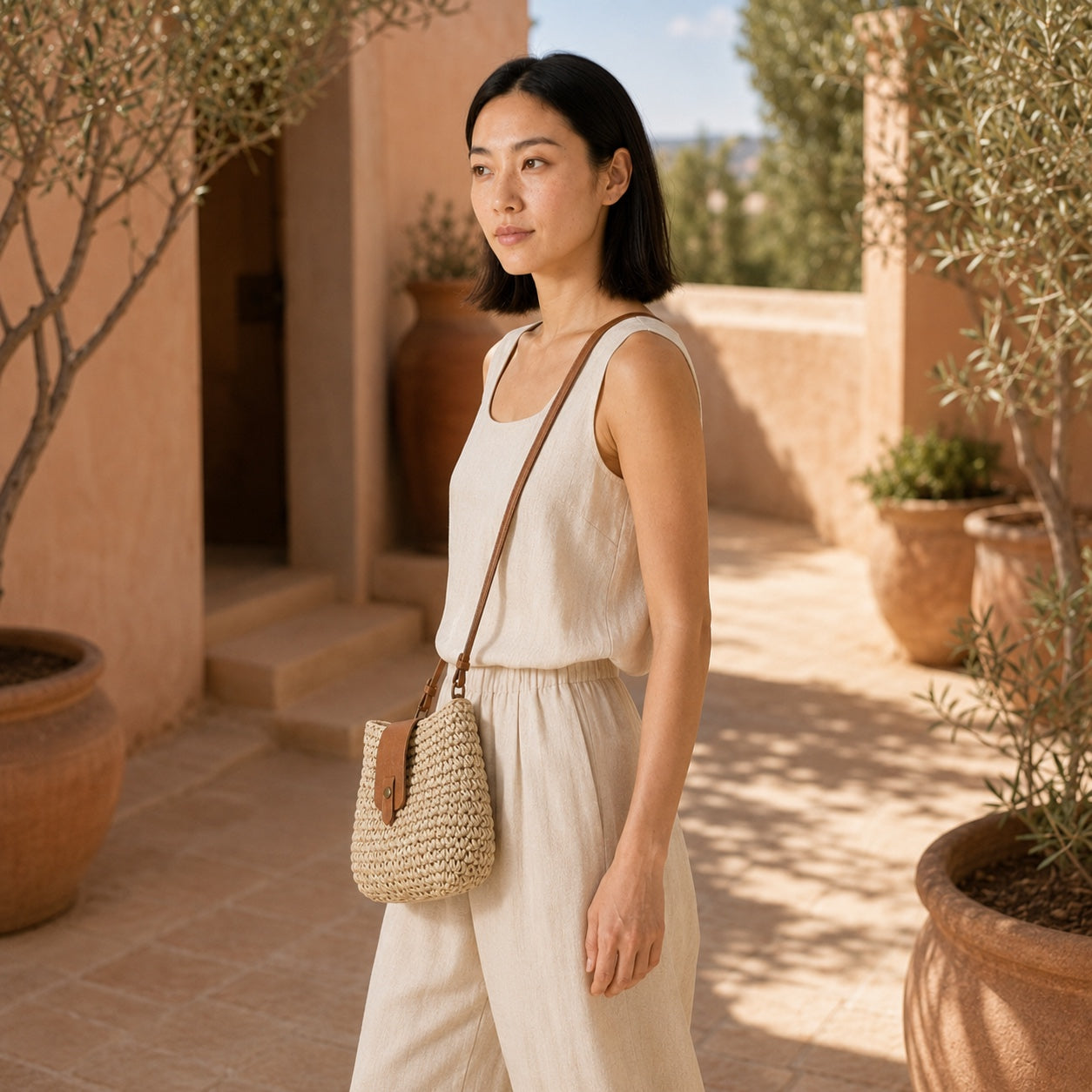 Model wearing the Pula - Straw Crossbody Bag, side view