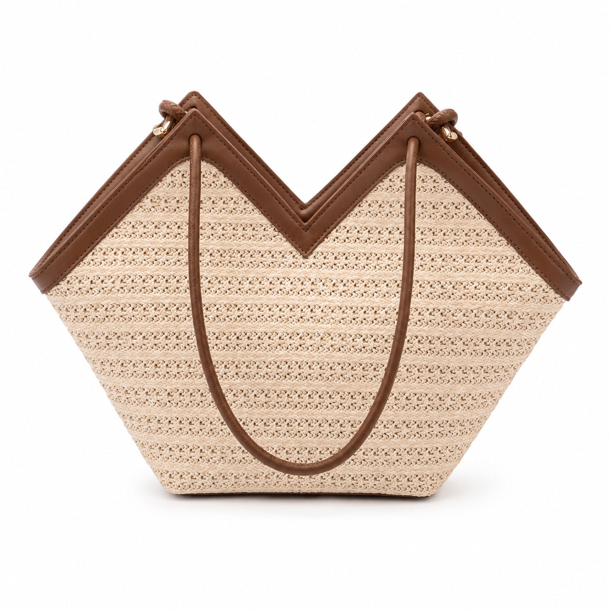 Pylos - Straw Bucket Bag in White With Brown, front view