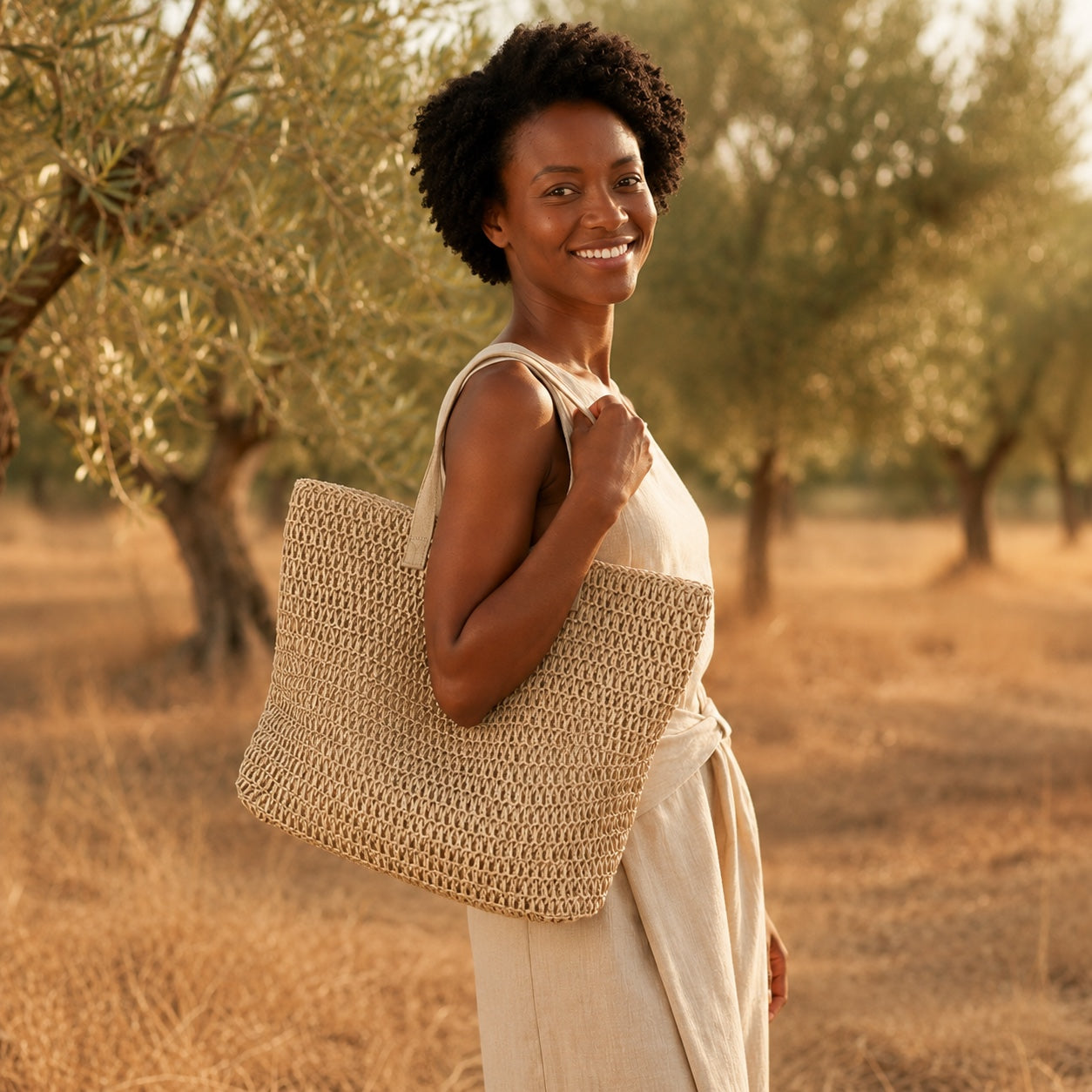 Model wearing the Rab - Straw Tote Bag, side view