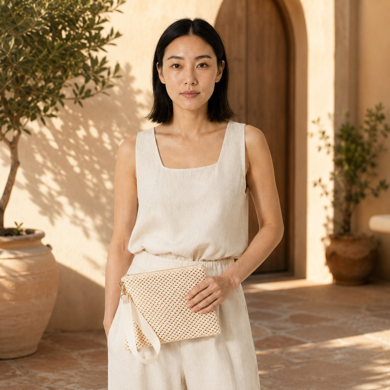 Model carrying the Ramatuelle - Straw Clutch
