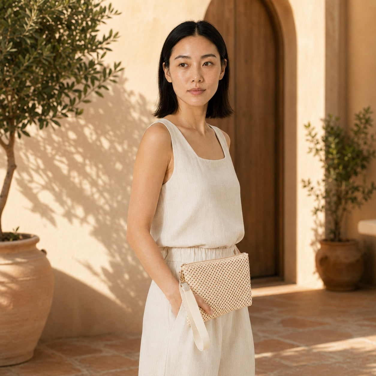 Model wearing the Ramatuelle - Straw Clutch, side view