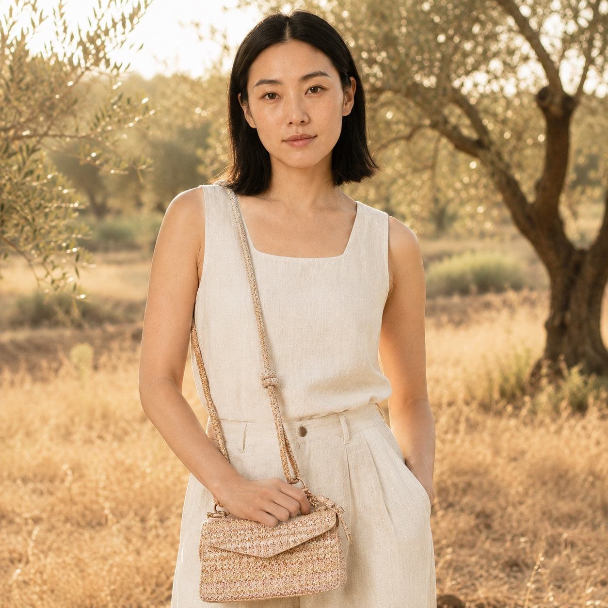 Model carrying the Salina Straw Crossbody Bag