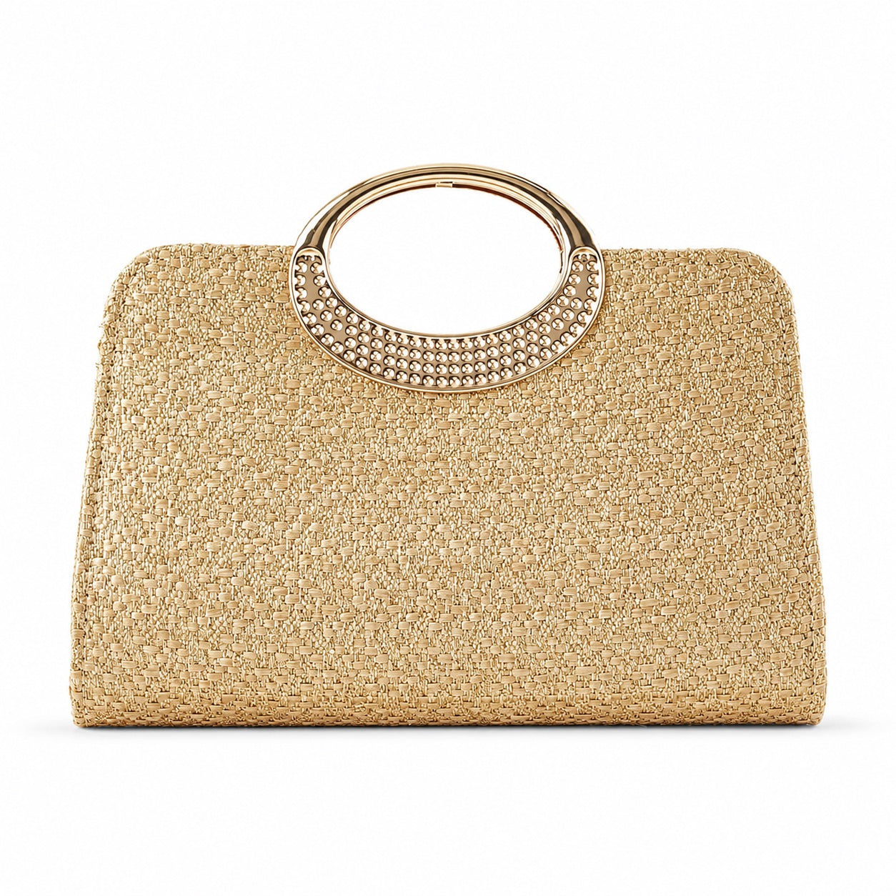 Santorini - Straw Clutch in Khaki, front view on white background