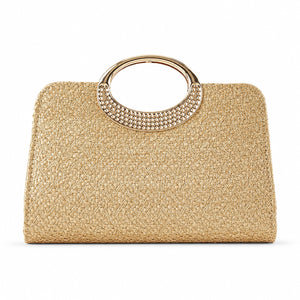 Santorini - Straw Clutch in Khaki, front view on white background