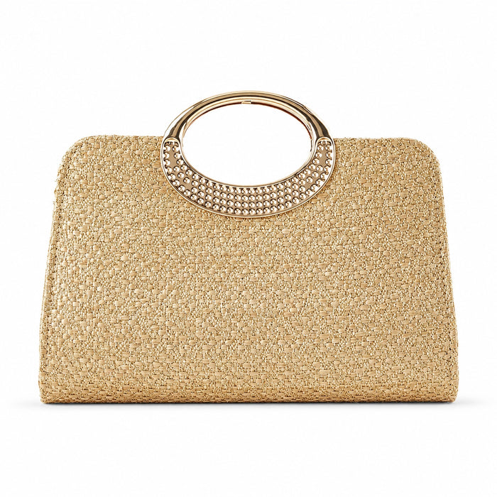 Santorini - Straw Clutch in Khaki, front view on white background