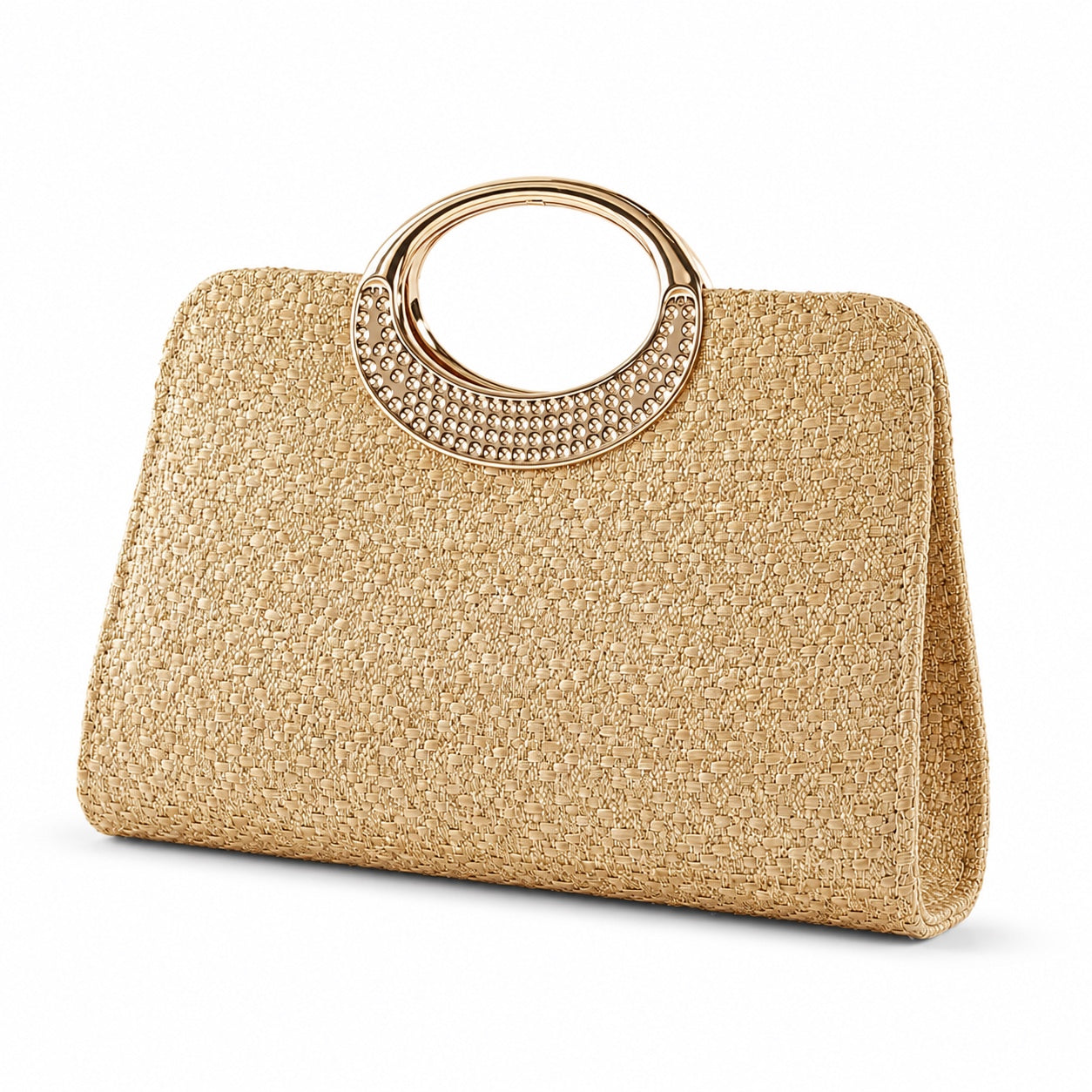 Santorini - Straw Clutch in Khaki, three-quarter front view