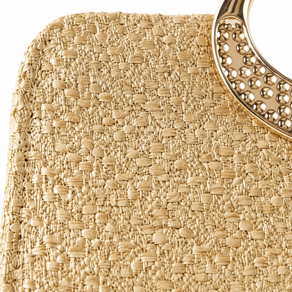 Santorini - Straw Clutch in Khaki, close-up material detail