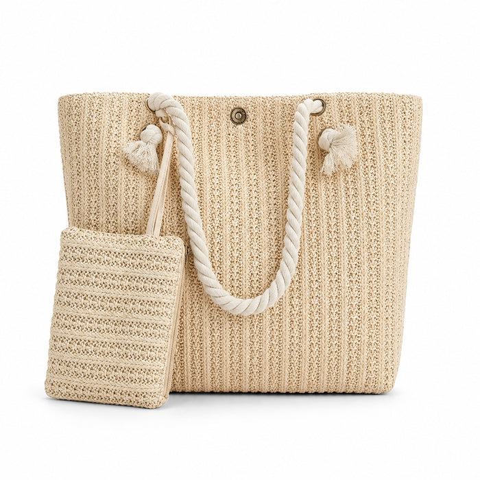 Sciacca - Straw Beach Tote in Setbeige, front view on white background