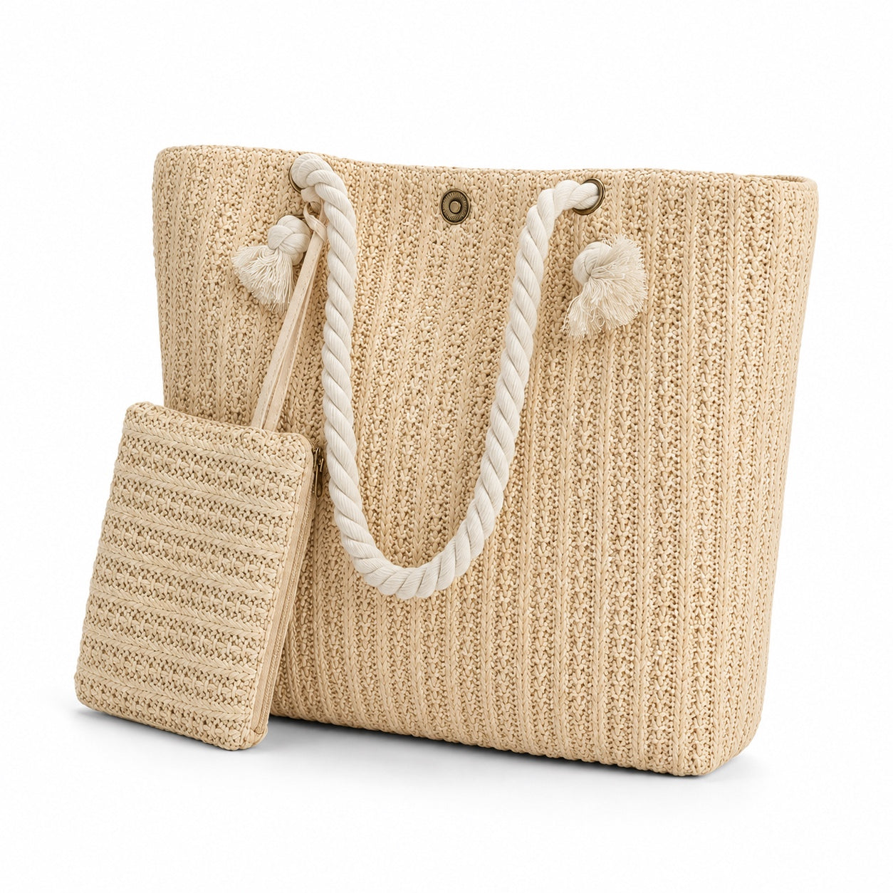 Sciacca - Straw Beach Tote in Setbeige, three-quarter front view