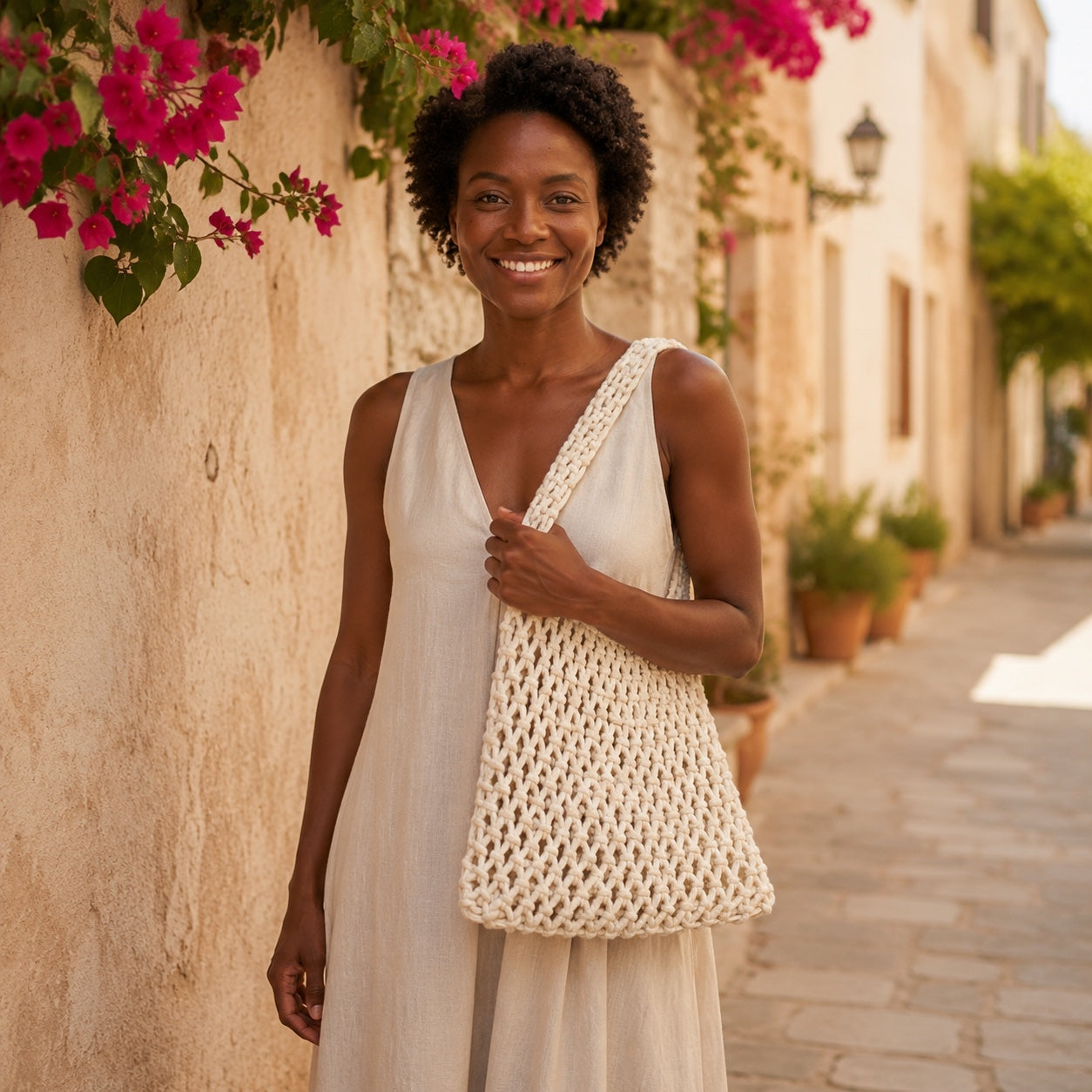 Model carrying the Serifos - Crochet Crossbody Bag