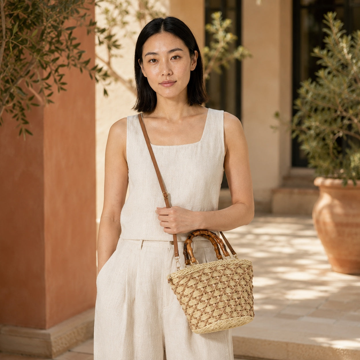 Model carrying the Sifnos - Straw Crossbody Bag