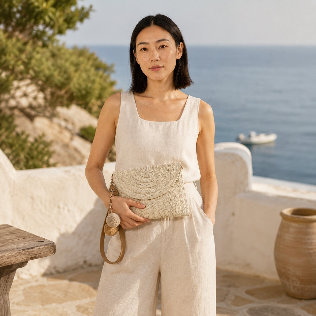 Model carrying the Skiathos - Straw Clutch