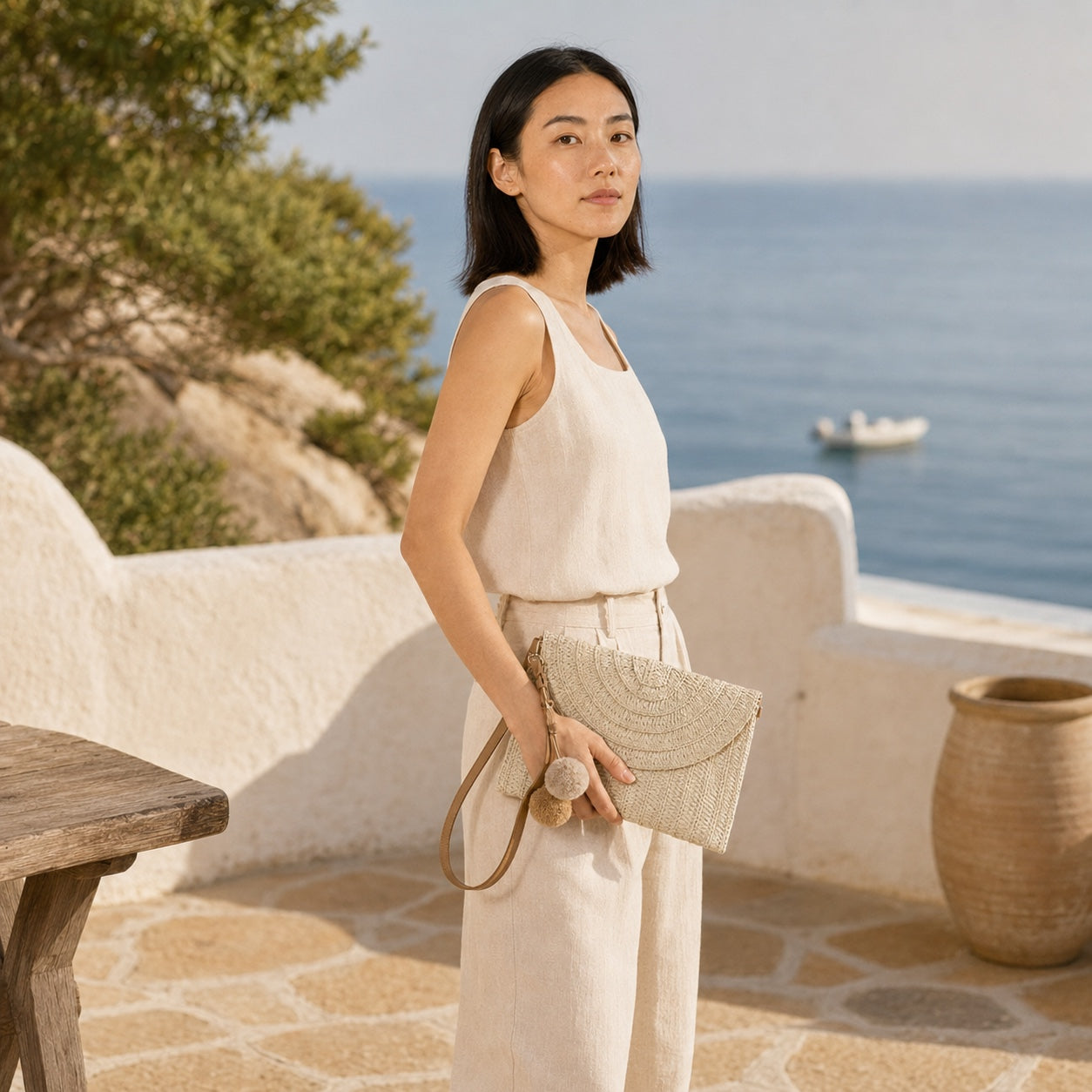 Model wearing the Skiathos - Straw Clutch, side view