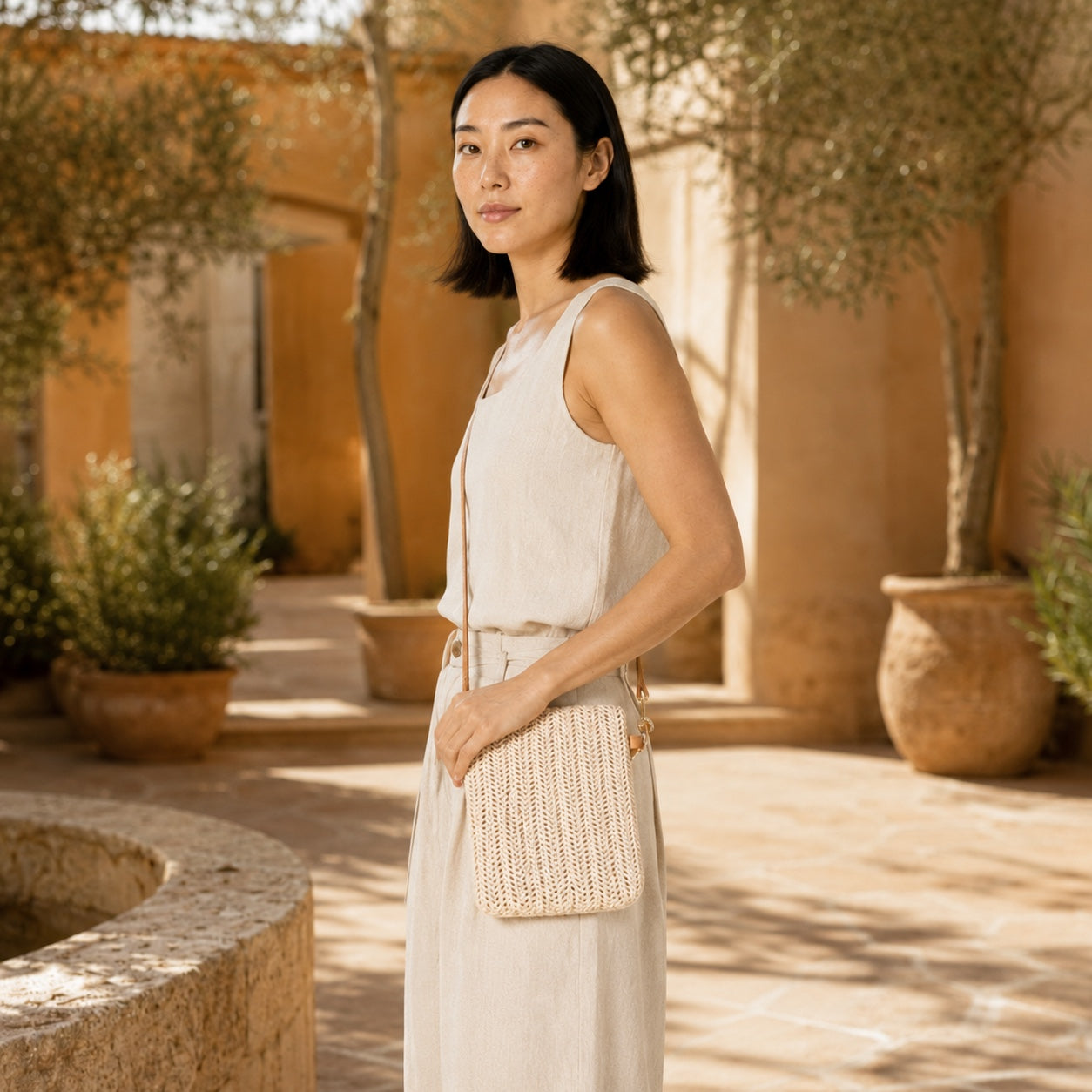 Model wearing the Soller - Straw Clutch, side view