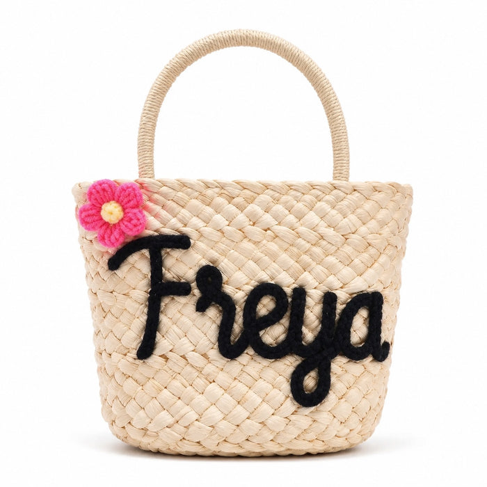Split - Straw Bucket Bag, front view on white background