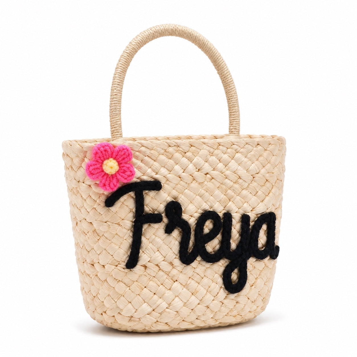 Split - Straw Bucket Bag, three-quarter front view