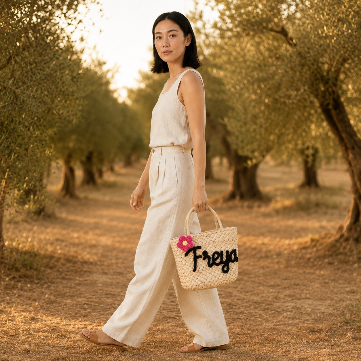 Model wearing the Split - Straw Bucket Bag, side view