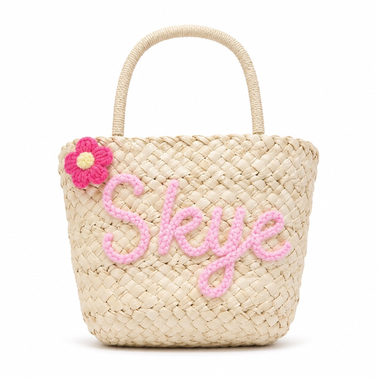 Split - Straw Bucket Bag in custom name, front view