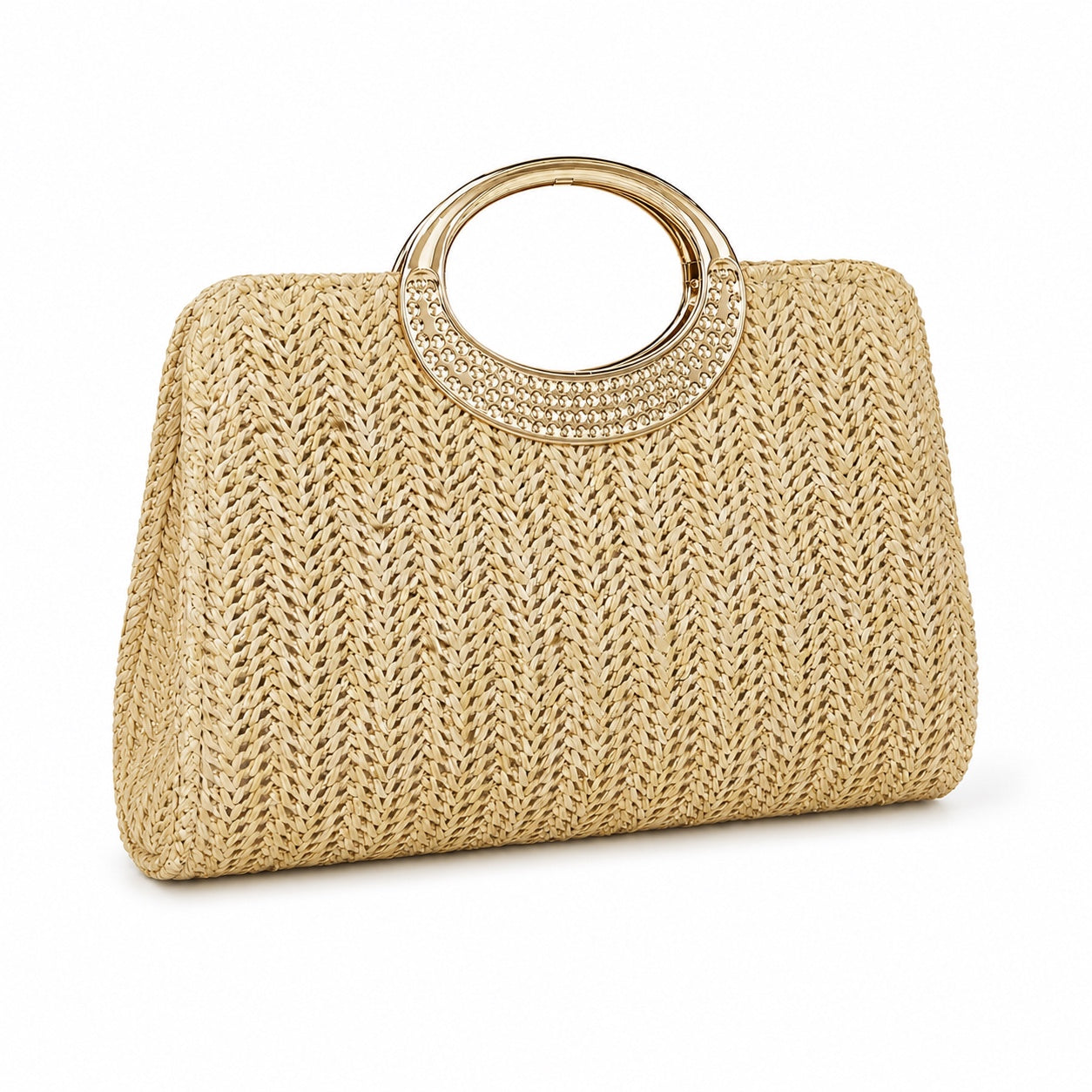 Taggia - Straw Clutch in Khaki, three-quarter front view