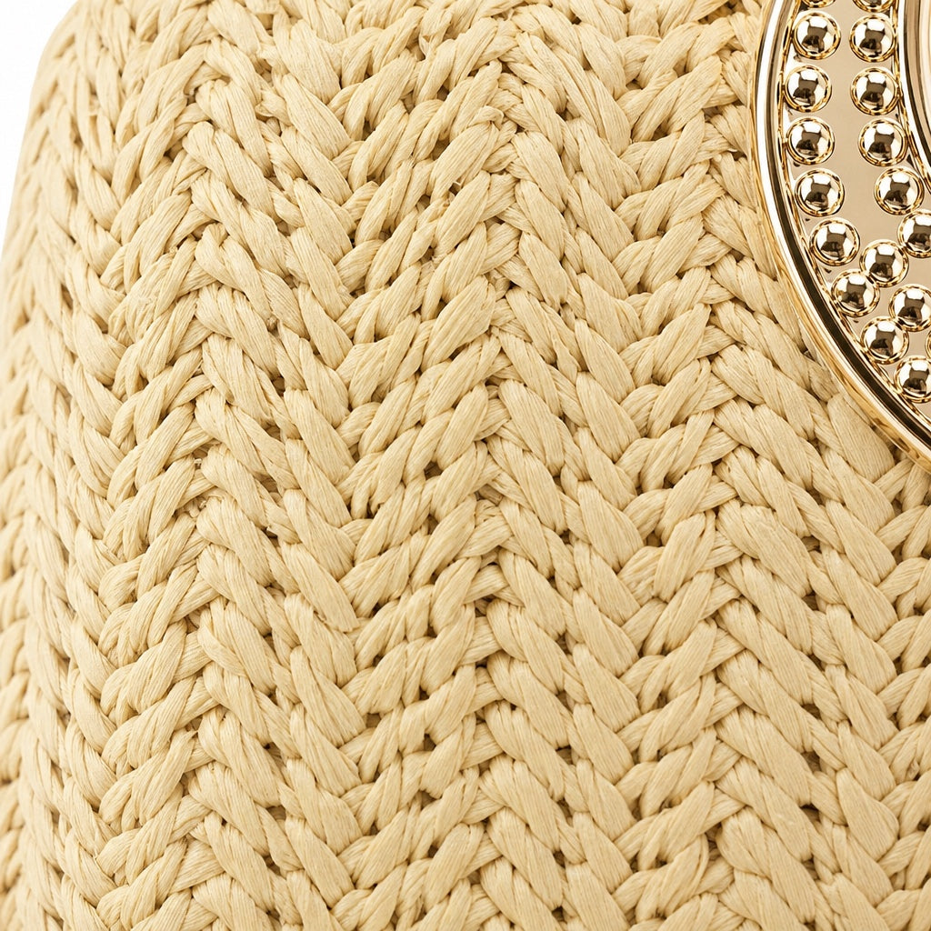 Taggia - Straw Clutch in Khaki, close-up material detail