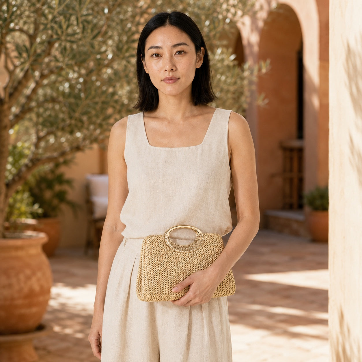 Model carrying the Taggia - Straw Clutch in Khaki