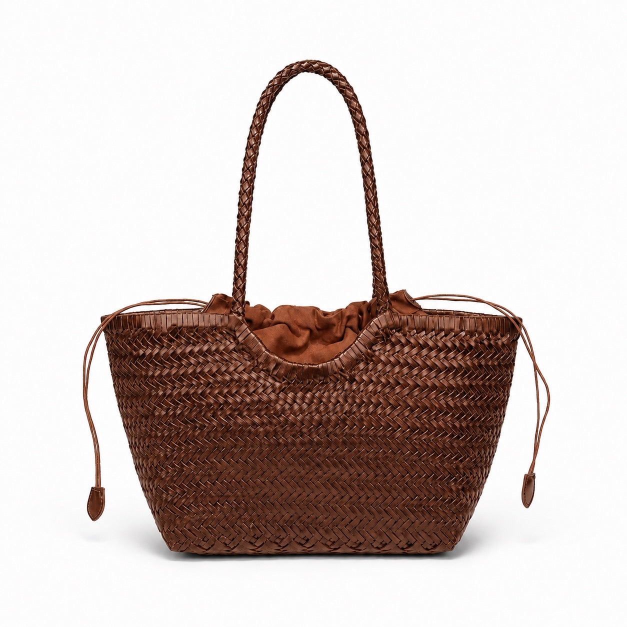 Tamariu - Straw Bucket Bag in brown, front view