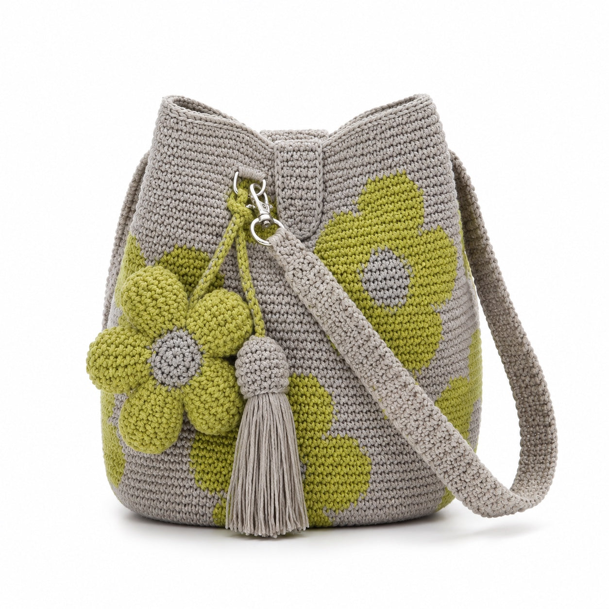 Taormina - Crochet Tote Bag in Green Flower, front view