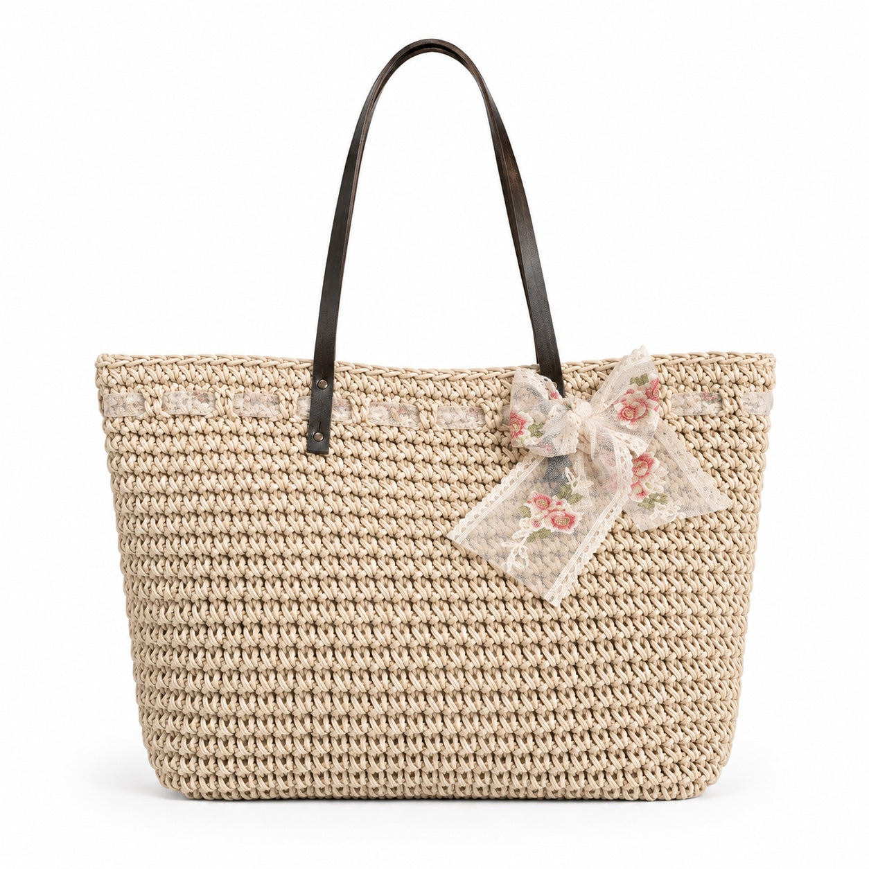 Ulcinj - Woven Beach Bag in Beige with Ribbon, front view