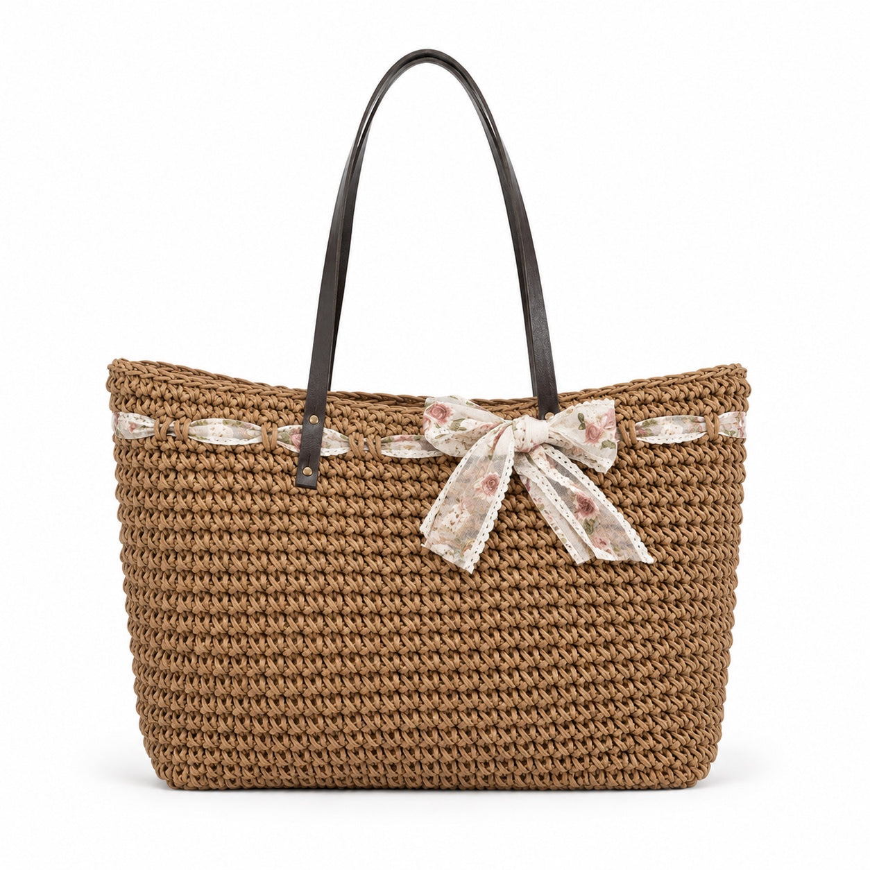 Ulcinj - Woven Beach Bag in Khaki with Ribbon, front view