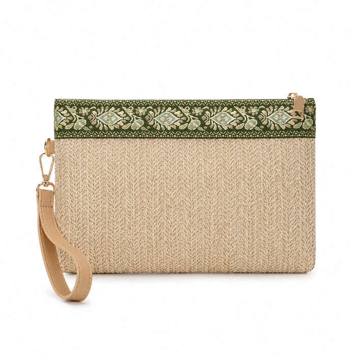 Valldemossa - Straw Clutch in Green And Beige, front view on white background
