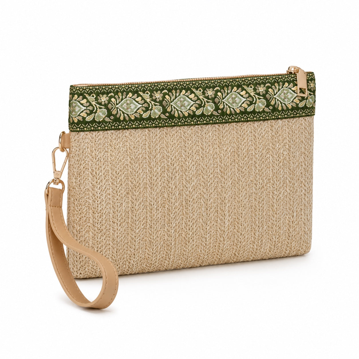 Valldemossa - Straw Clutch in Green And Beige, three-quarter front view