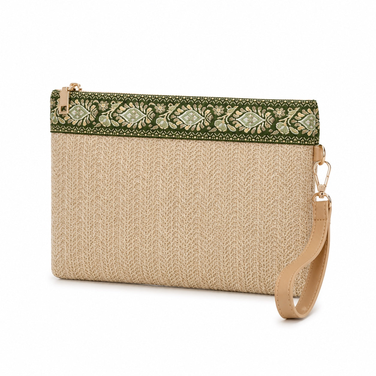 Valldemossa - Straw Clutch in Green And Beige, three-quarter back view