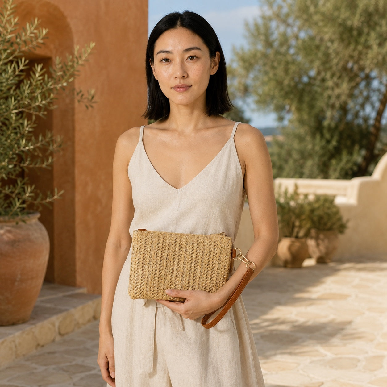 Model carrying the Vejer - Straw Clutch