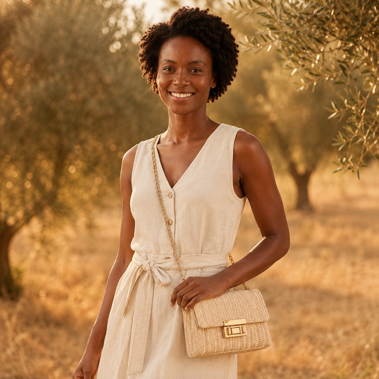 Model carrying the Villasimius - Straw Crossbody Bag