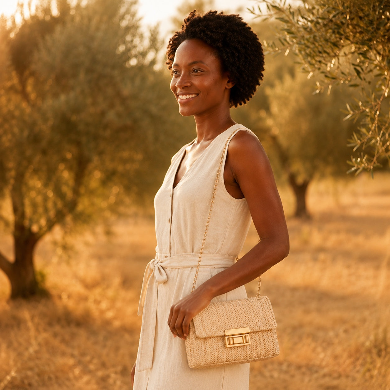 Model wearing the Villasimius - Straw Crossbody Bag, side view