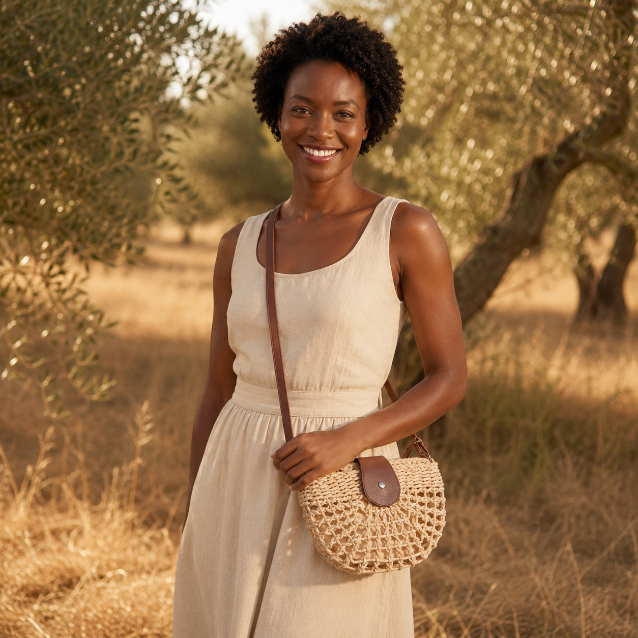 Model carrying the Vis - Rattan Crossbody Bag