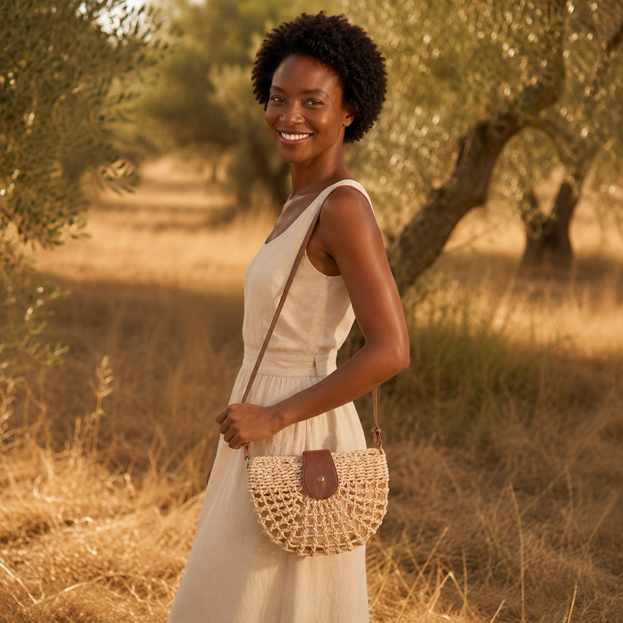 Model wearing the Vis - Rattan Crossbody Bag, side view