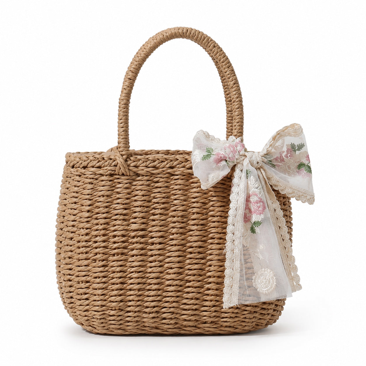 Zadar - Straw Bucket Bag in khaki whiteribbon, front view